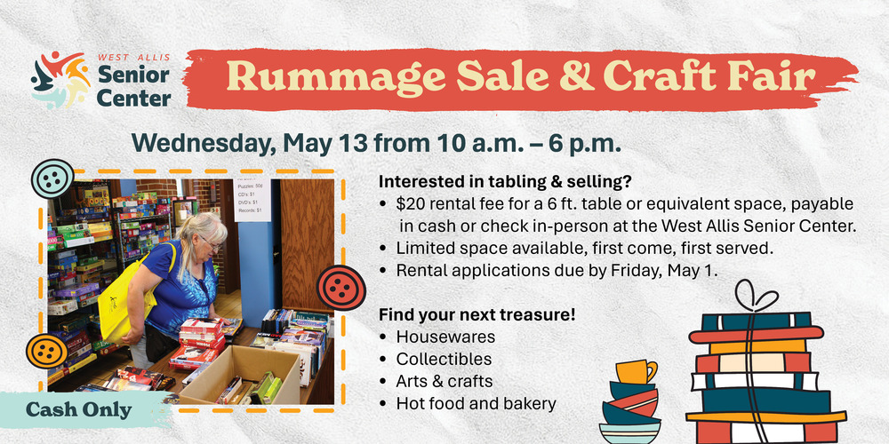 Senior Center Rummage Sale & Craft Fair - Wednesday, May 13 from 10 a.m. - 6 p.m. All copy is detailed in the  news portion of this post. A photo of a woman shopping looking at books and games