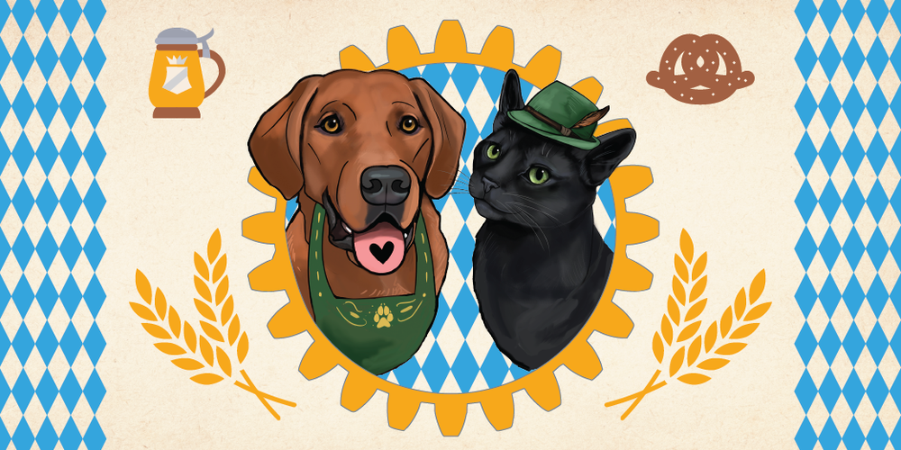 Illustrations of a dog and a cat wearing Oktoberfest outfits