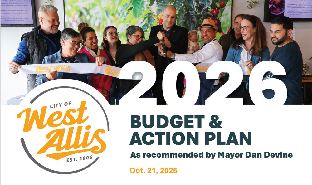 A photo of a ribbon cutting with the Mayor and business owners. Text reads: "2026 Budget & Action Plan as recommended by Mayor Dan Devine. oct. 21, 2025"