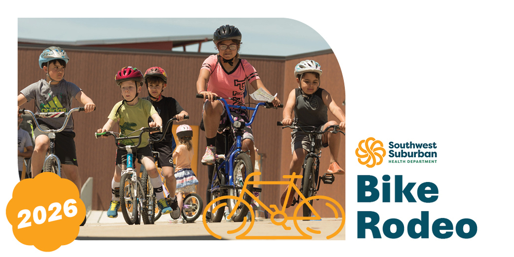 Six kids riding bikes. Text reads "2026 Southwest Suburban Health Department Bike Rodeo"