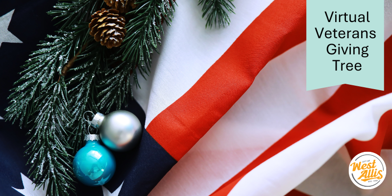An American flag with a Christmas tree branch and blue and silver ornaments on it. Text overlay reads "Virtual Veterans Giving Tree."