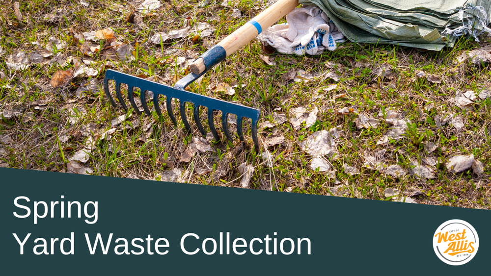 A rake laying on a lawn. Text reads "Spring Yard Waste Collection"