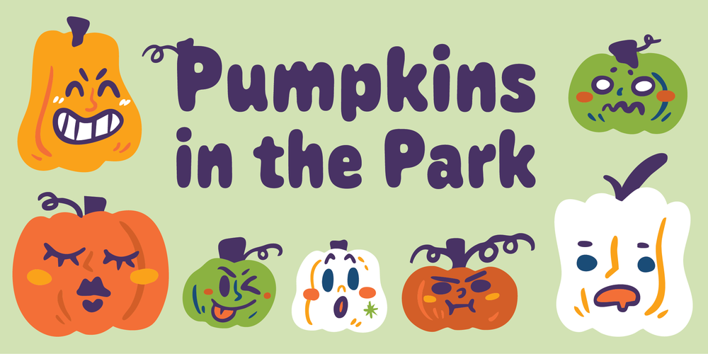 Illustrations of cute pumpkins with faces. Text reads "Pumpkins in the Park"