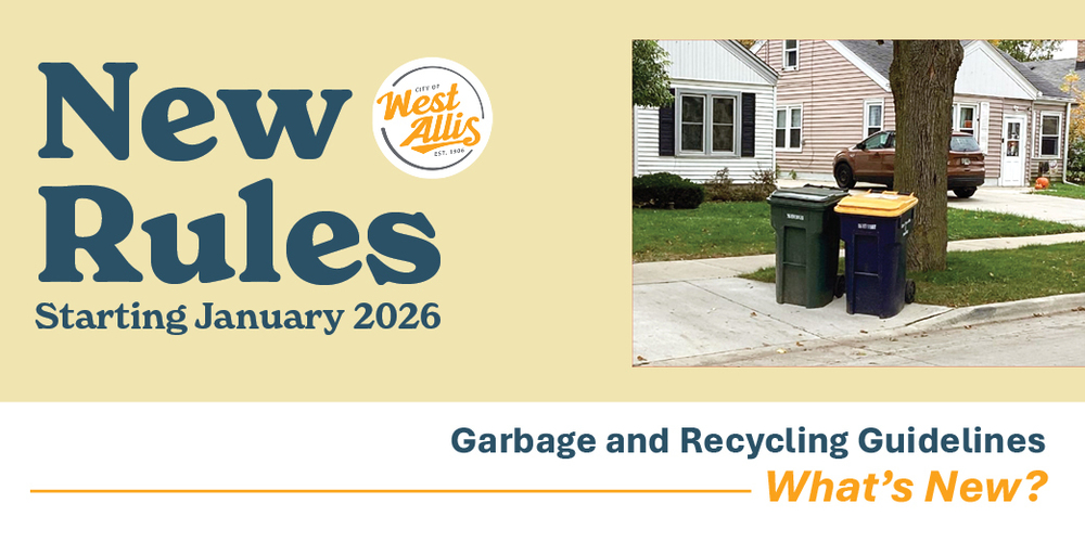A photo of garbage and recycling bins on the curb. Text reads "New Rules starting January 2026. Garbage and Recycling Guidelines. What's new?"