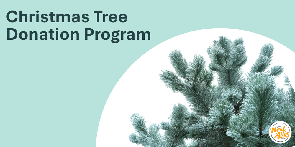 A photo of a pine tree with text that reads "Christmas Tree Donation Program"