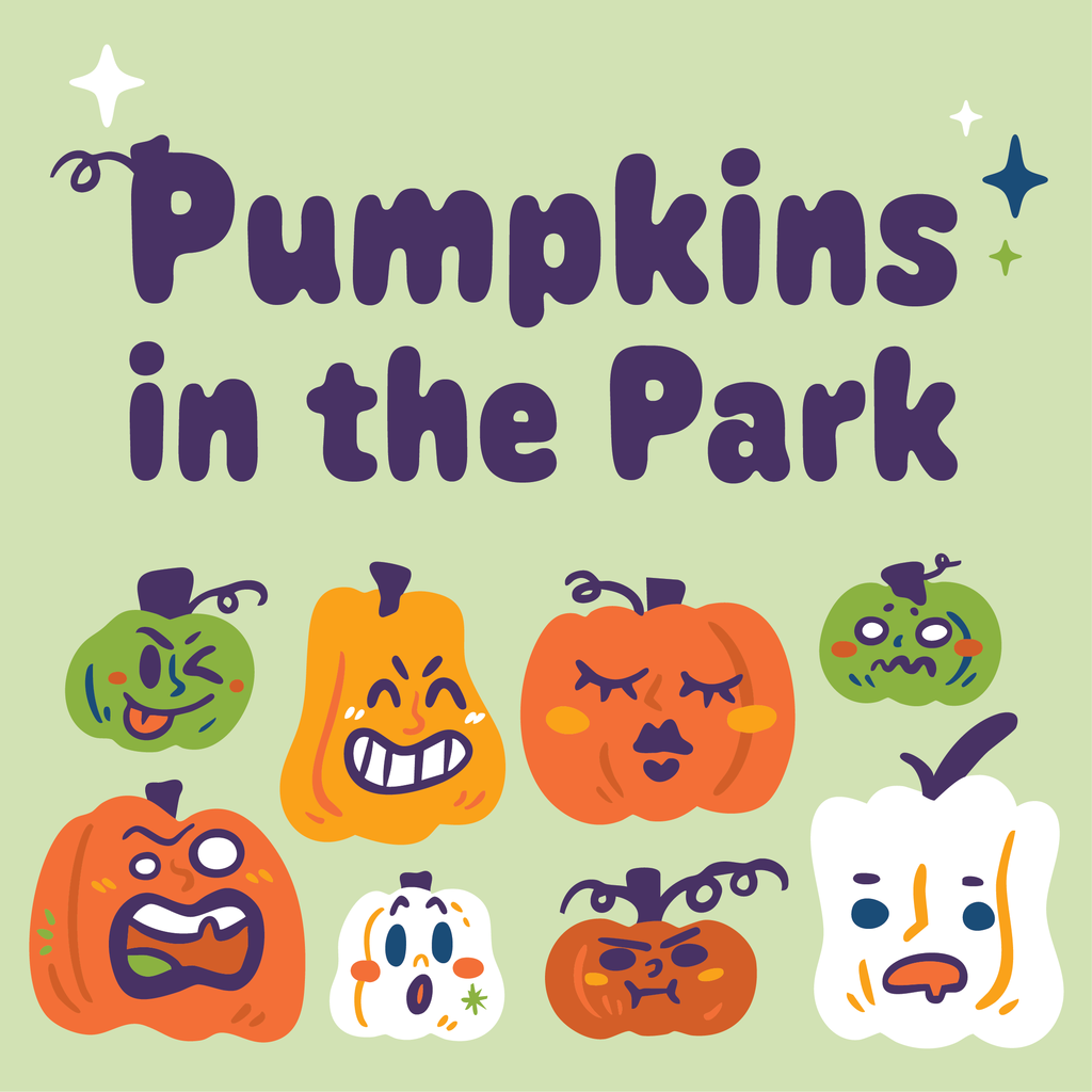 Illustrations of pumpkins with cute faces. Text reads "Pumpkins in the Park"