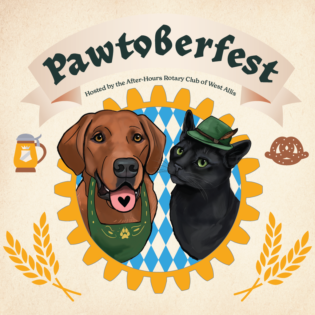 Illustration of a cat and dog in Oktoberfest outfits. Text reads "Pawtoberfest - hosted by the After Hours Rotary Club of West Allis"