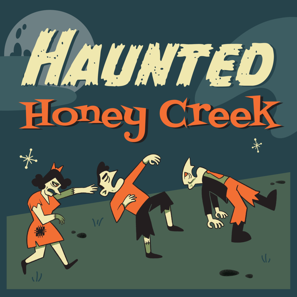 An illustration of three zombies walking. Text reads "Haunted Honey Creek"
