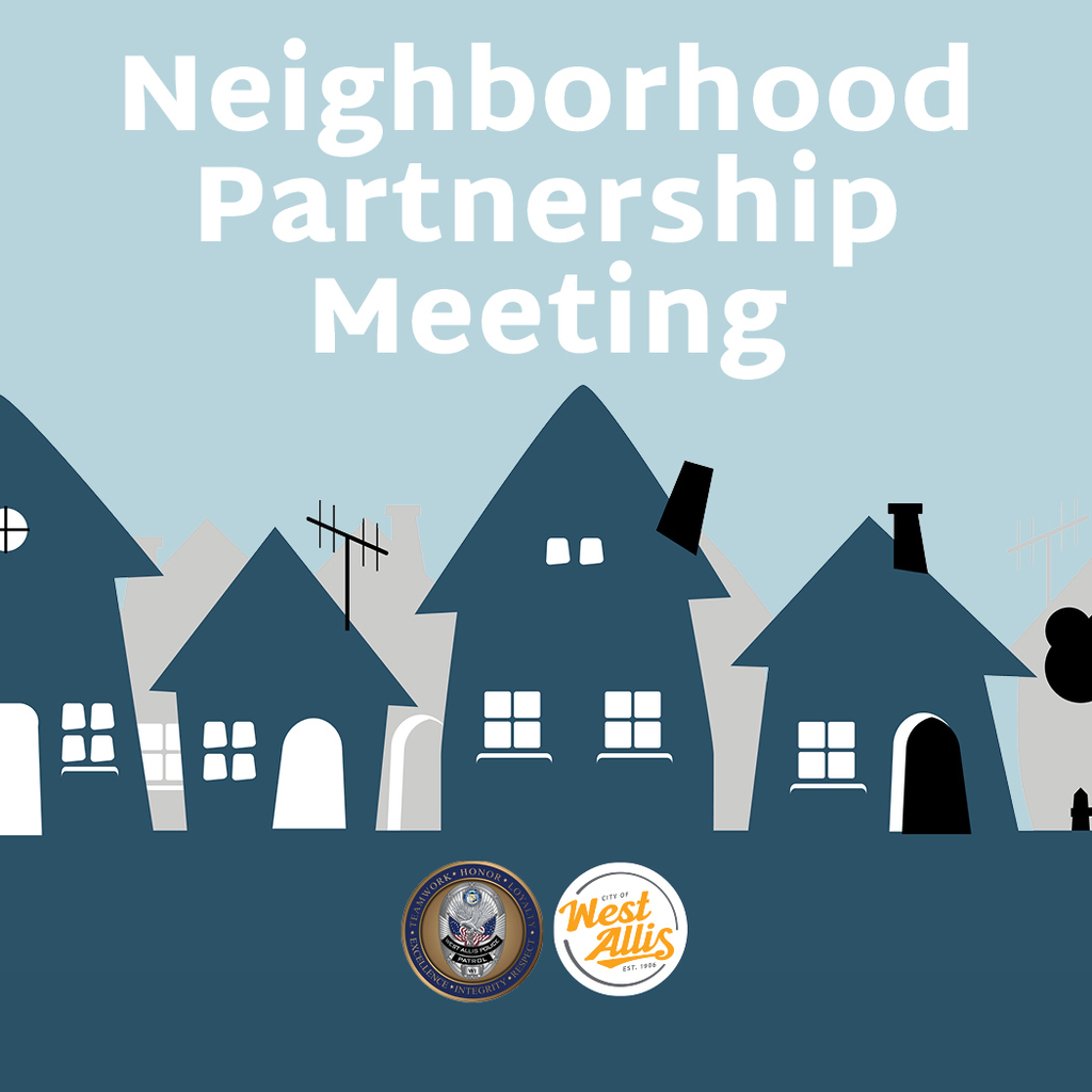 Illustrations of homes in a row. Text reads "Neighborhood Partnership Meeting"