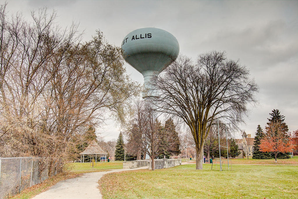 The West Allis water tower at Honey Creek Park in fall