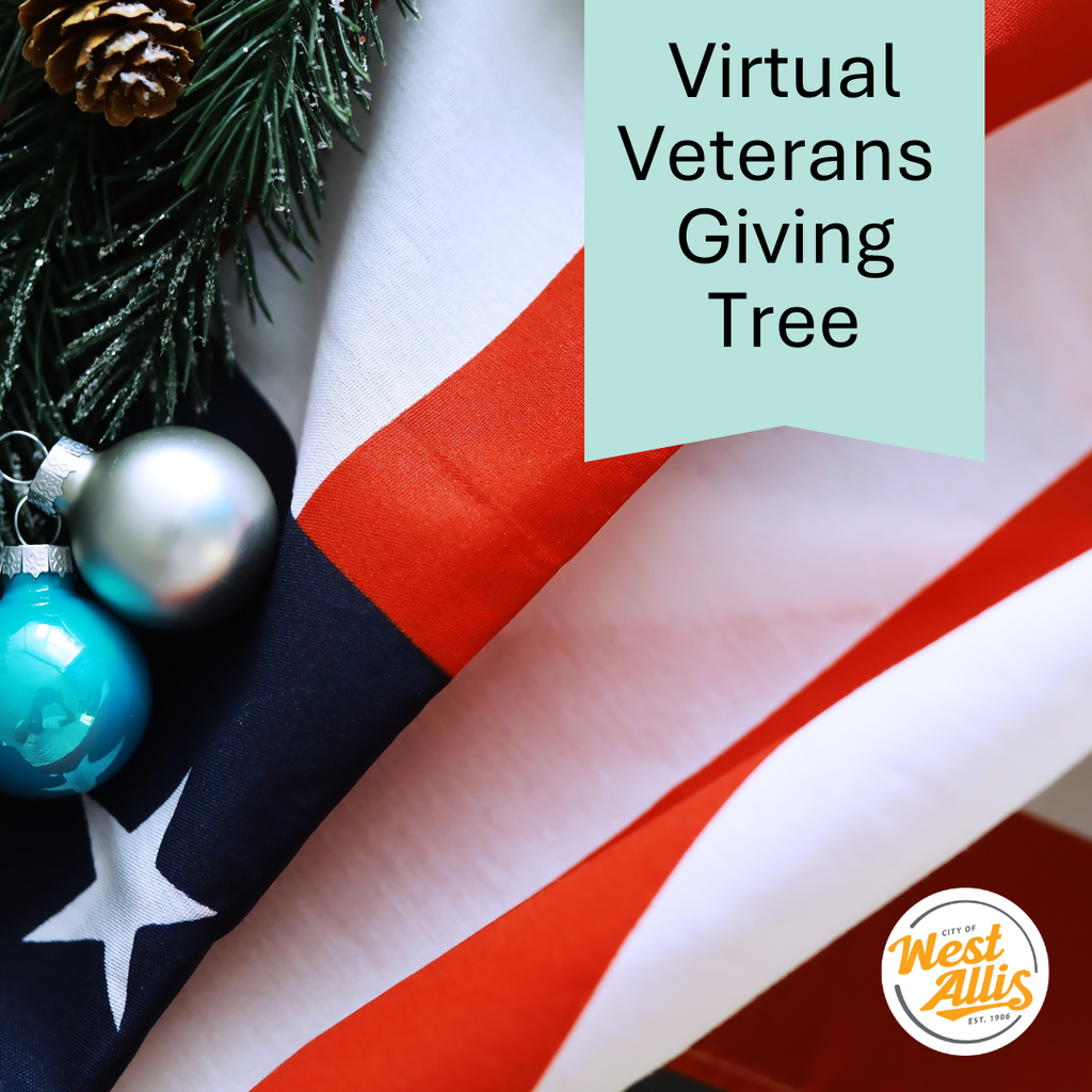 An American flag with a Christmas tree branch and blue and silver ornaments on it. Text overlay reads "Virtual Veterans Giving Tree."