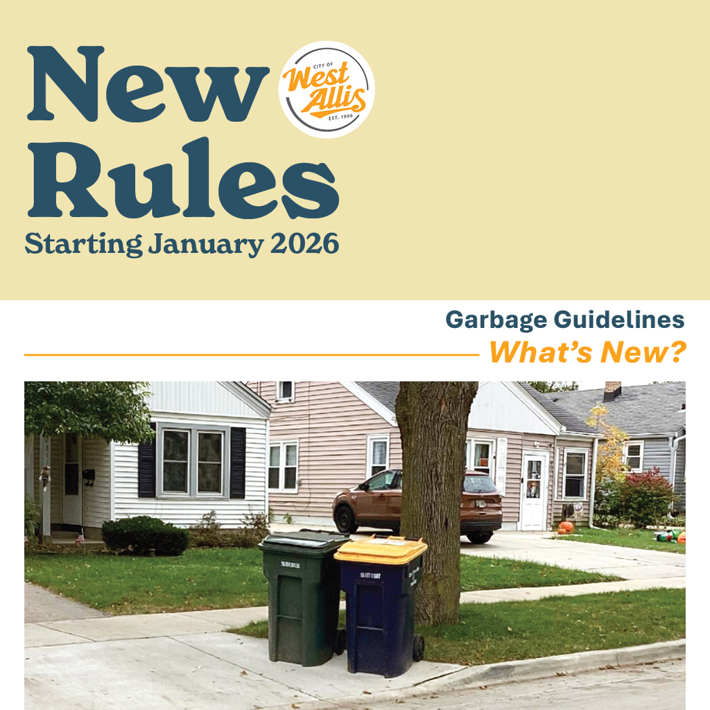 A photo of garbage and recycling bins on the curb. Text reads "New rules starting January 2026. Garbage guidelines - what's new?"