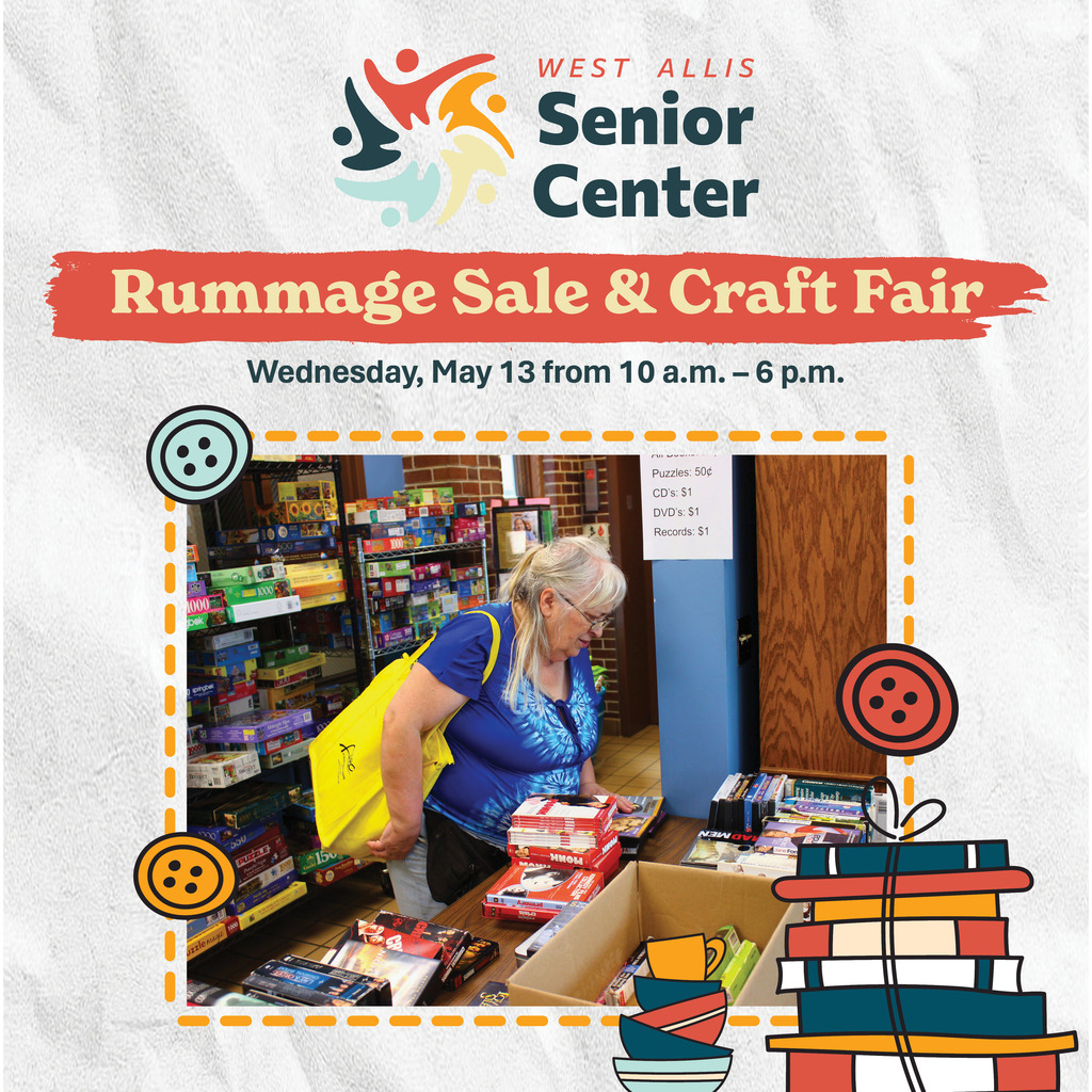 A woman shopping looking at games and books. Text reads "Rummage Sale & Craft Fair. Wednesday, May 13 from 10 a.m. - 6 p.m."