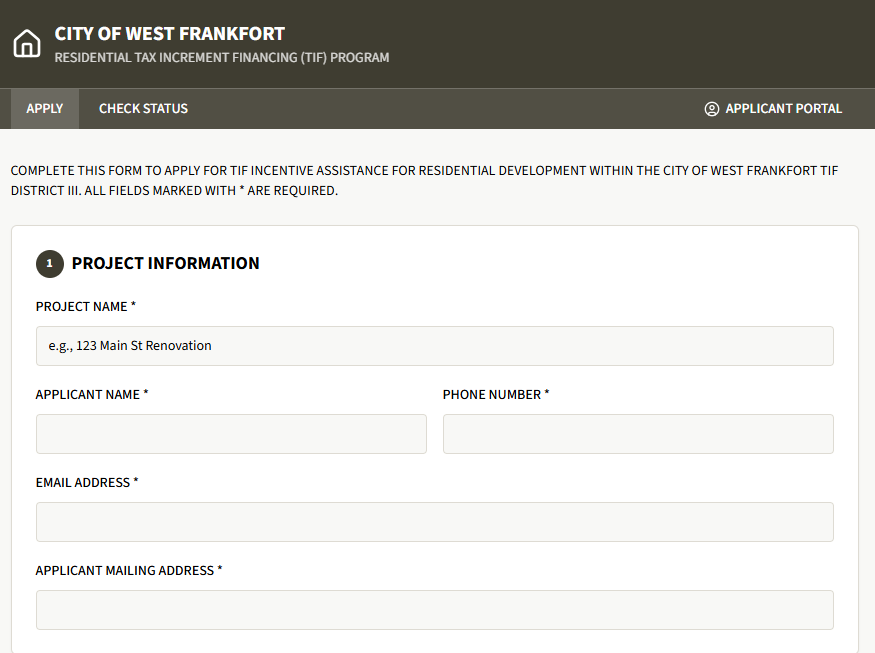 Screenshot of the residential TIF application