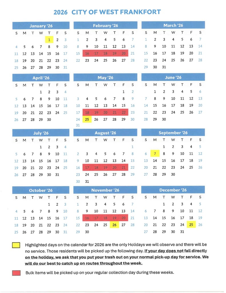 Trash Day Pick Up Calendar 2026