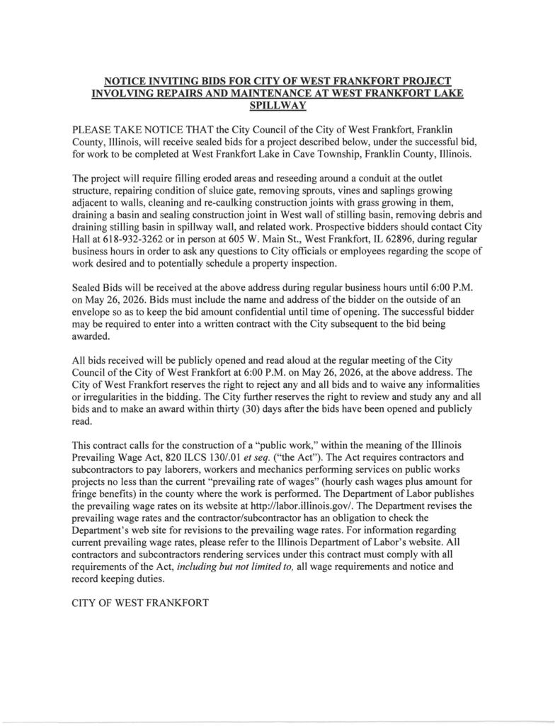 Notice for bids repair New Lake Spillway