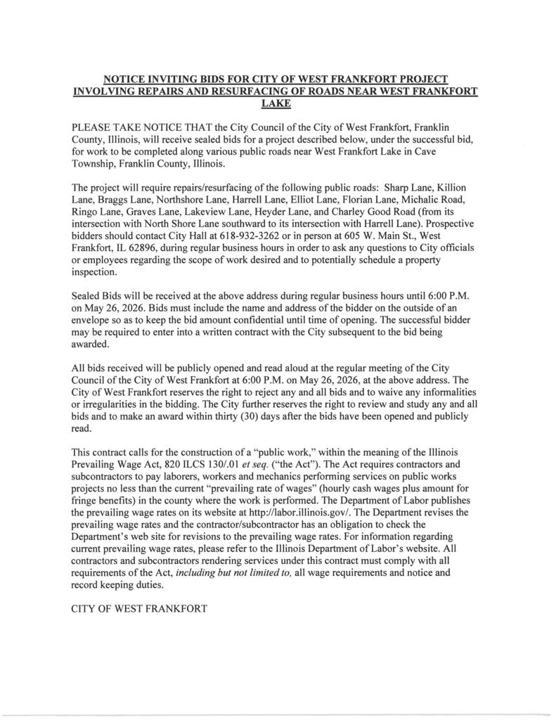 Notice for bids repair New Lake Roads