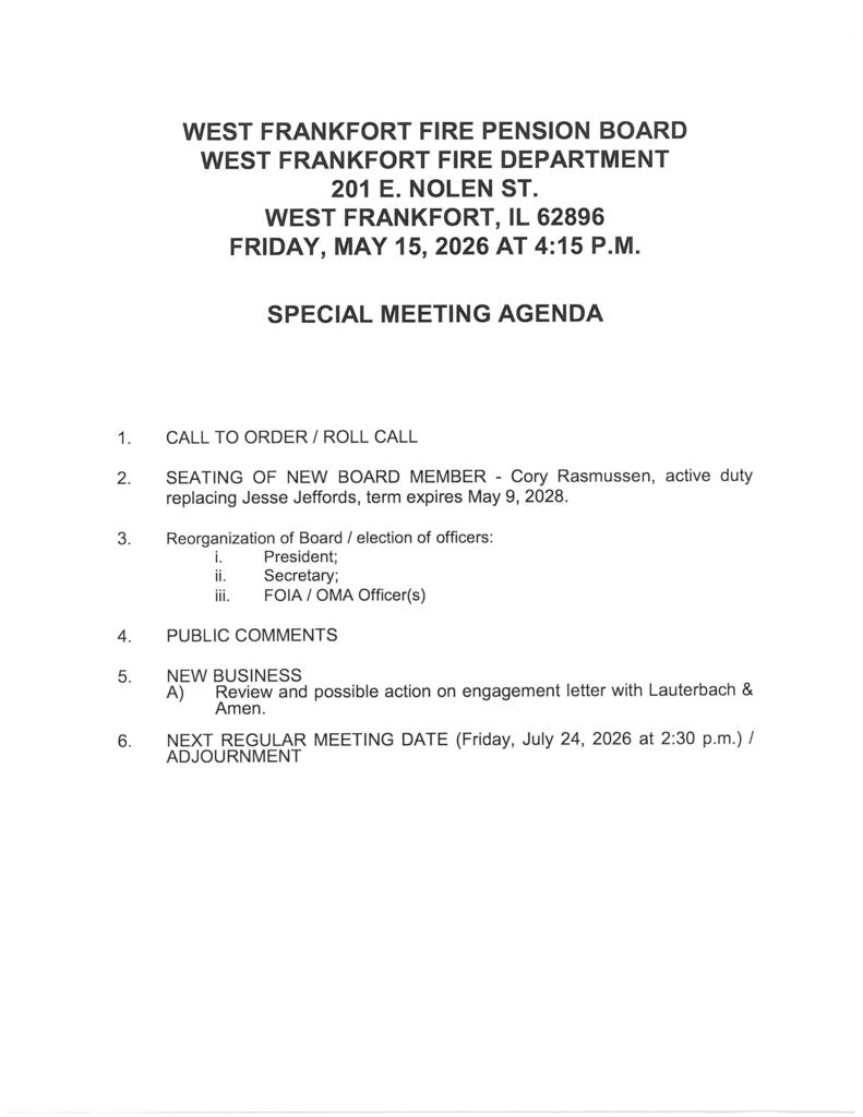 Fire Pension Special Meeting Agenda