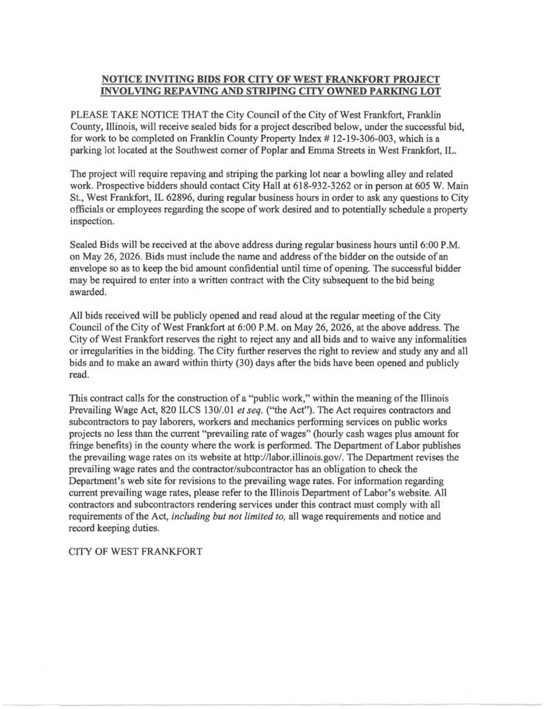 Notice for bids for repaving parking lot