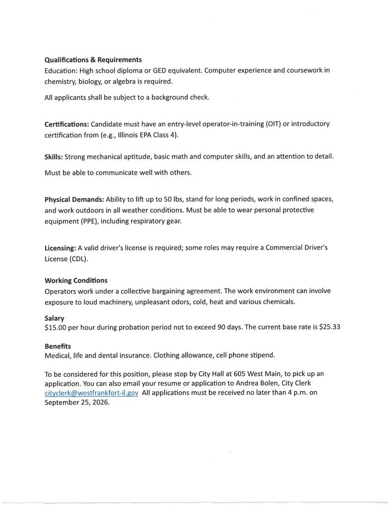 City of West Frankfort Waste Water Treatment Plan- Operator Job Requirements