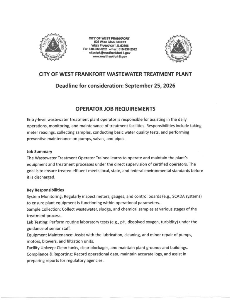 City of West Frankfort Waste Water Treatment Plan- Operator Job Requirements