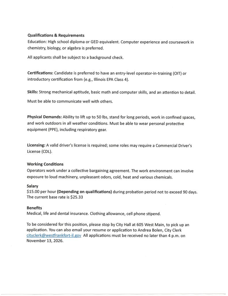 City of West Frankfort Waste Water Treatment Plan- Operator Job Requirements