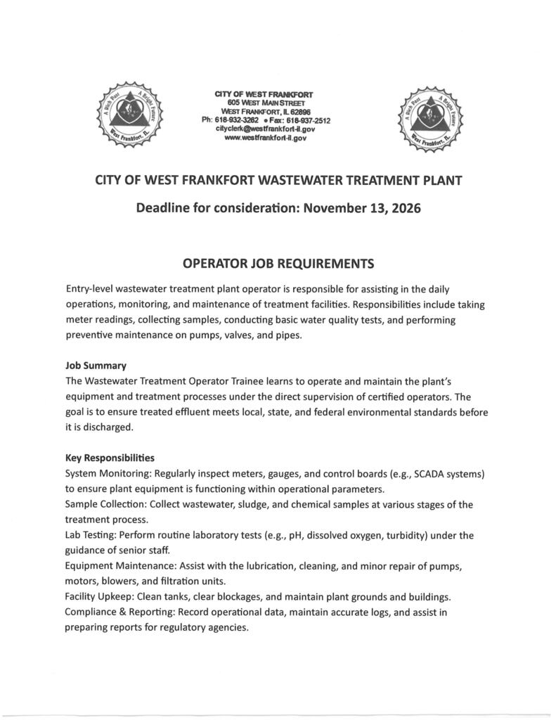 City of West Frankfort Wastewater Treatment Plant Operator Job Requirements. Deadline for consideration November 13, 2026