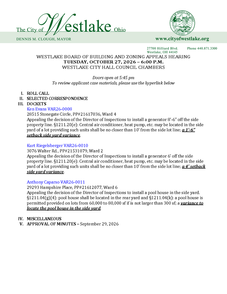 Agenda notice for the October 27, 2026 Westlake Board of Building and Zoning Appeals public hearing.
