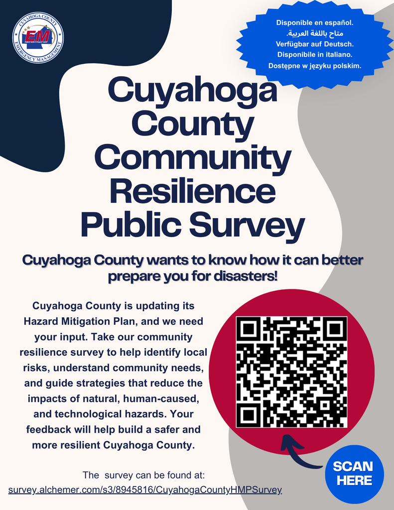Cuyahoga County Emergency Management flyer for the Community Resilience Public Survey, with a QR code and the survey link.