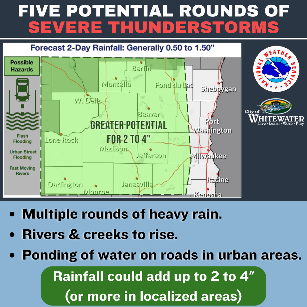 City of Whitewater Weather PSA: Five potential rounds of severe Thunderstorms; flash flooding potential and risk.