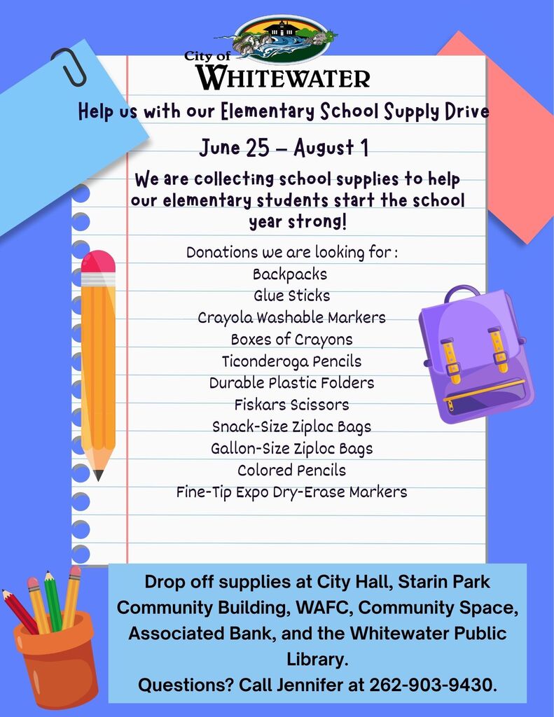Back to School Supplies Drive for the City of Whitewaters