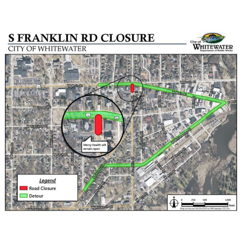 Map of S. Franklin Rd Closure starting July 7th in Whitewater, WI