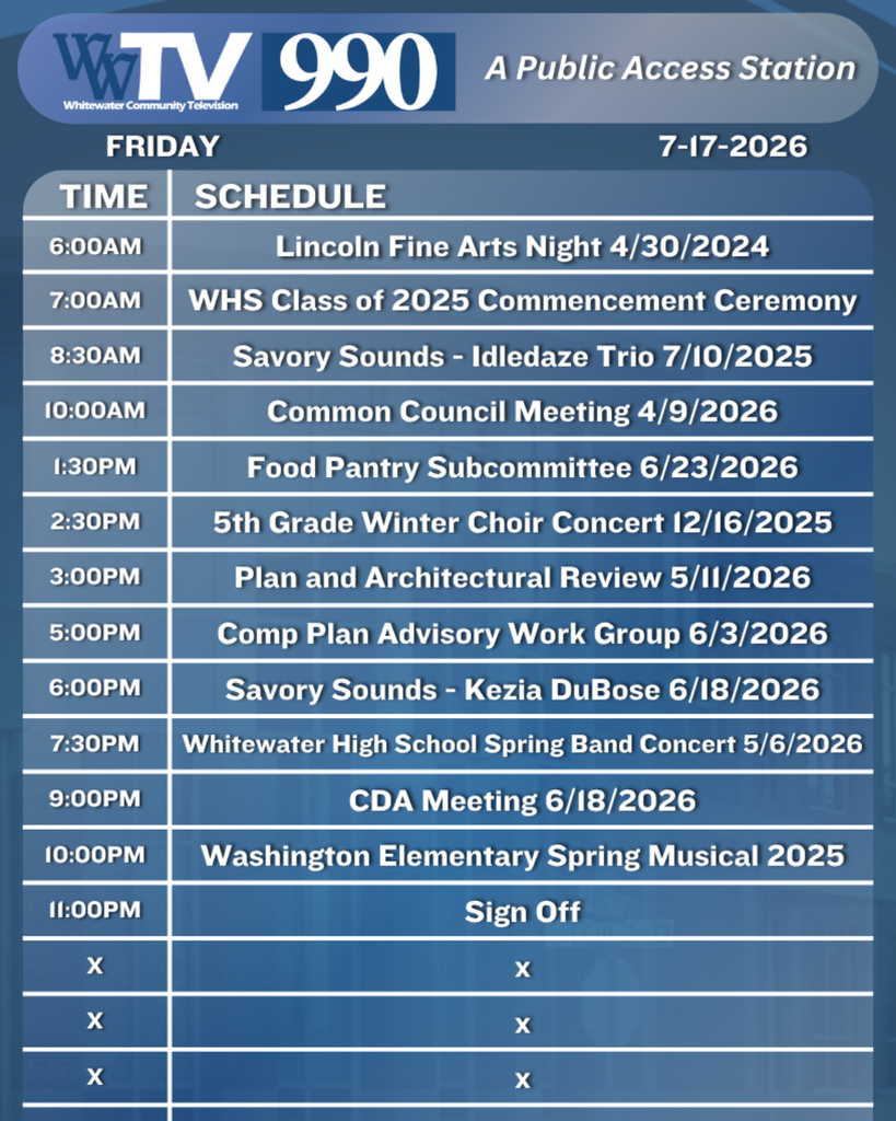Local Channel 990 Schedule for the City of Whitewater