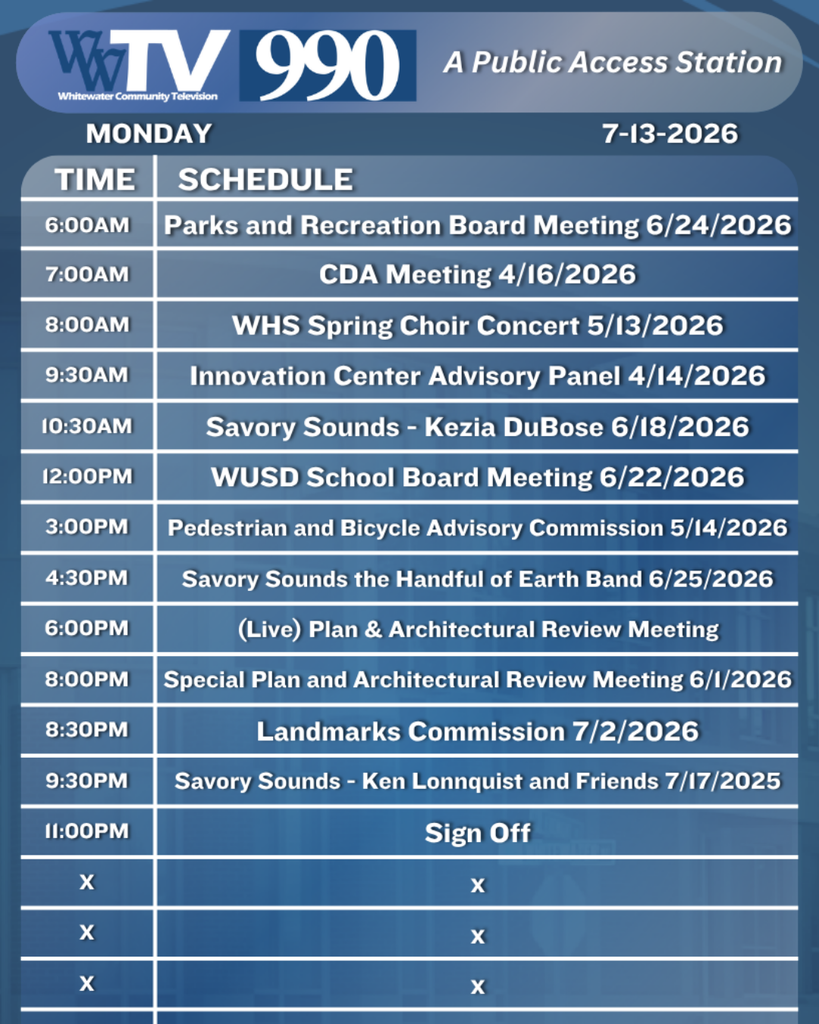 Local Channel 990 Schedule for the City of Whitewater