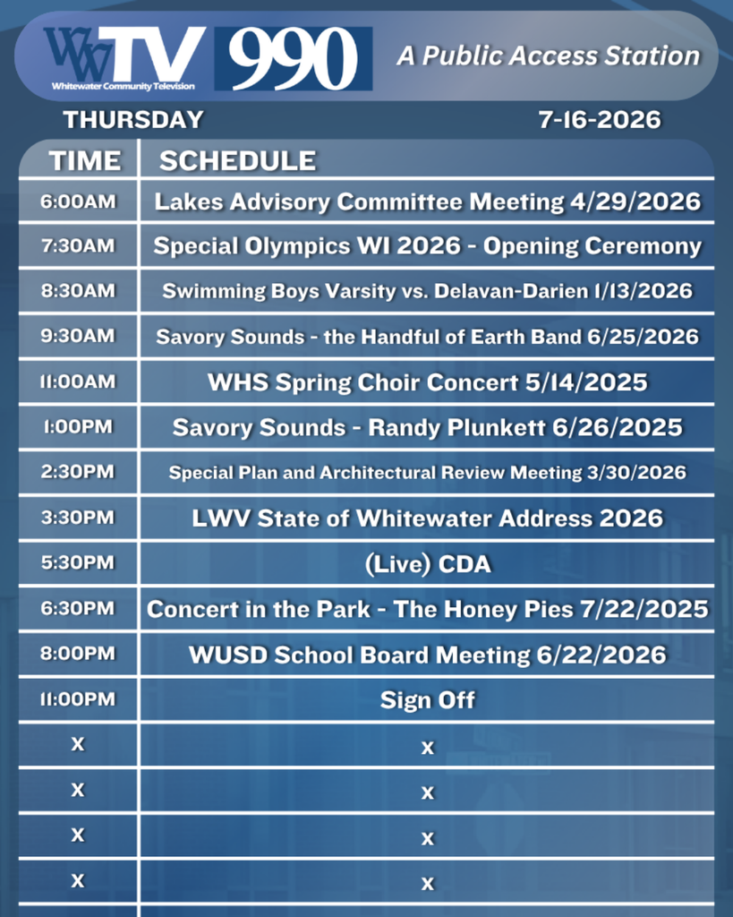Local Channel 990 Schedule for the City of Whitewater