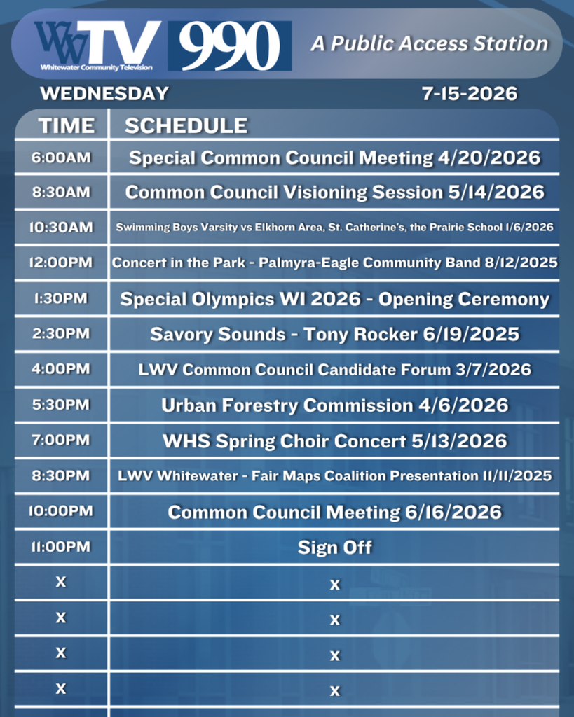 Local Channel 990 Schedule for the City of Whitewater