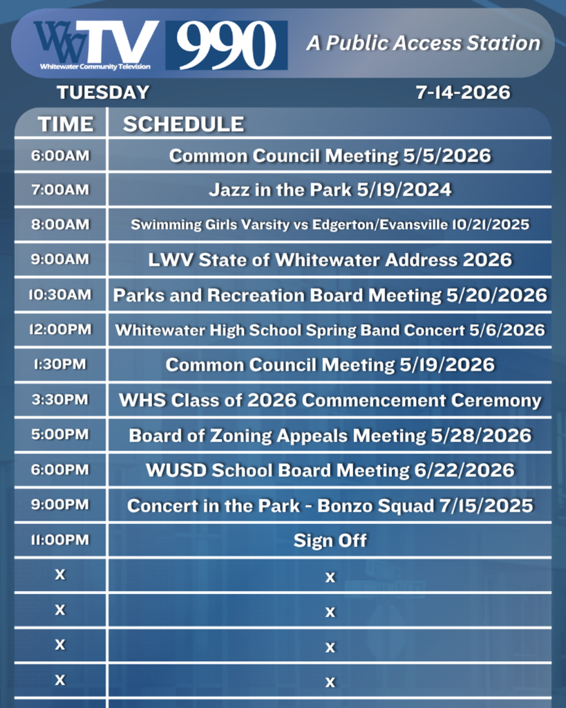 Local Channel 990 Schedule for the City of Whitewater