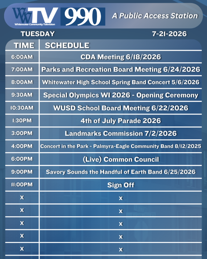 Local Channel 990 Schedule for the City of Whitewater