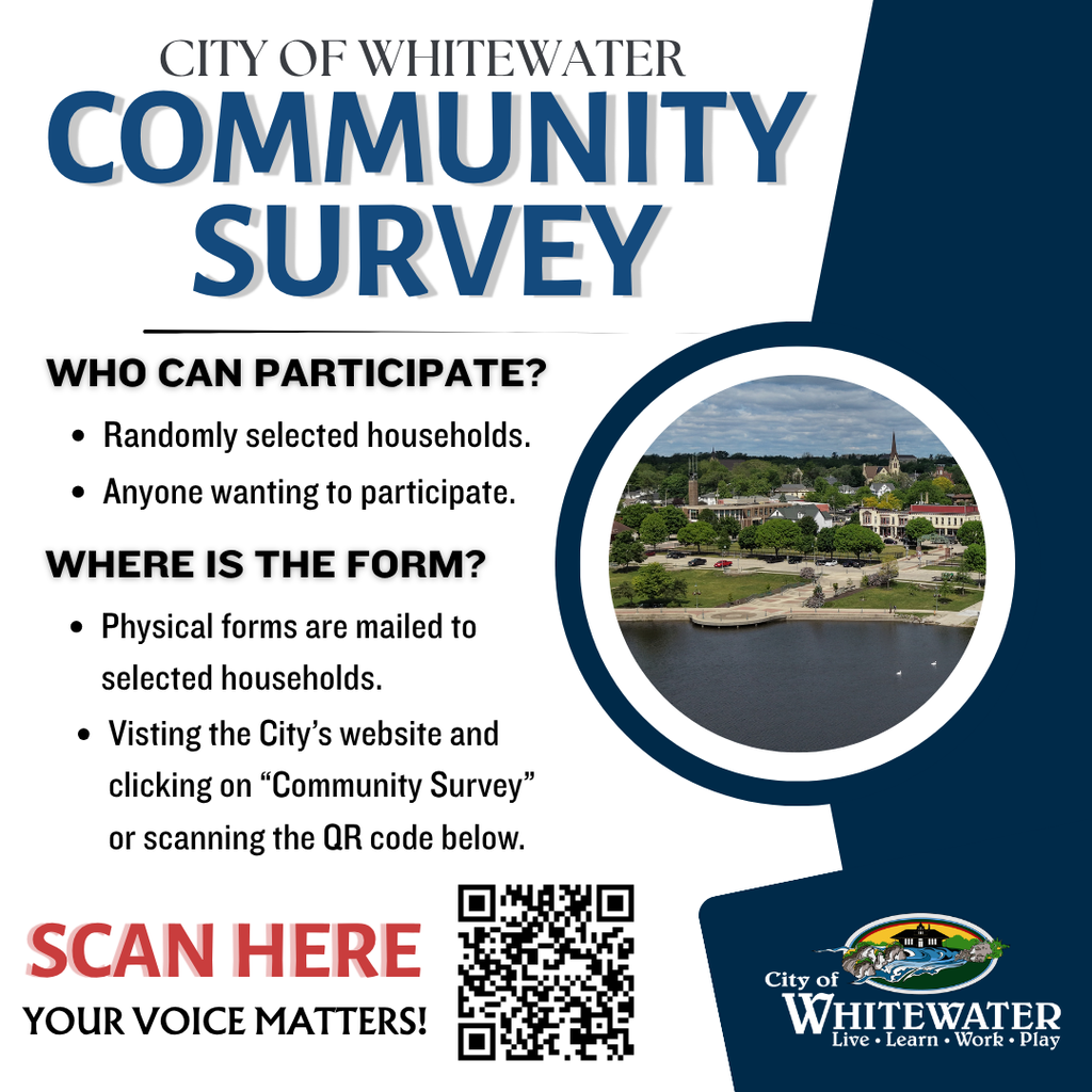 City of Whitewater: community survey online on who can participate and where to find the form.
