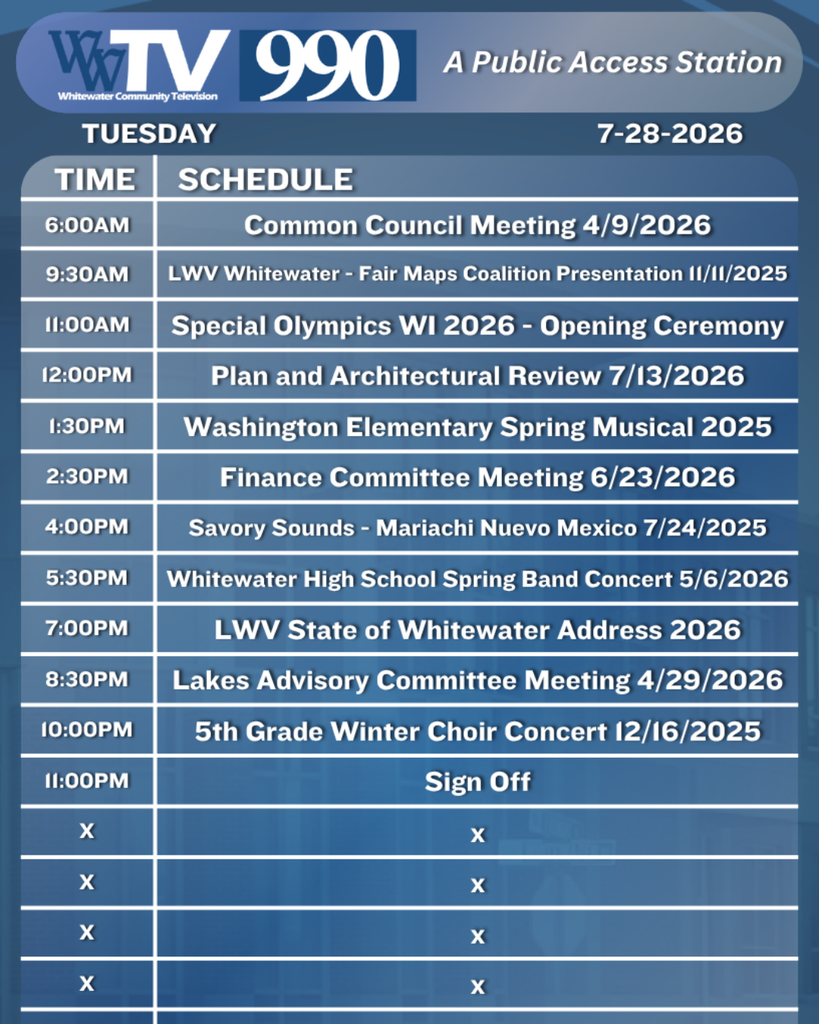 Local Channel 990 Schedule for the City of Whitewater