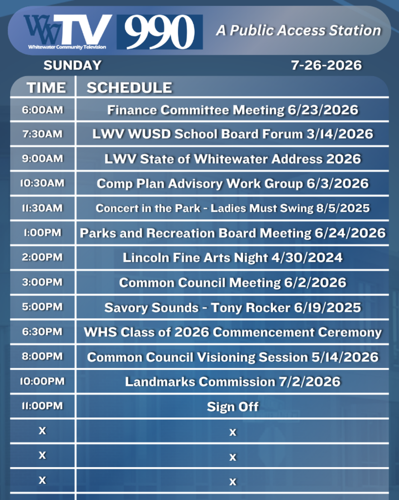 Local Channel 990 Schedule for the City of Whitewater
