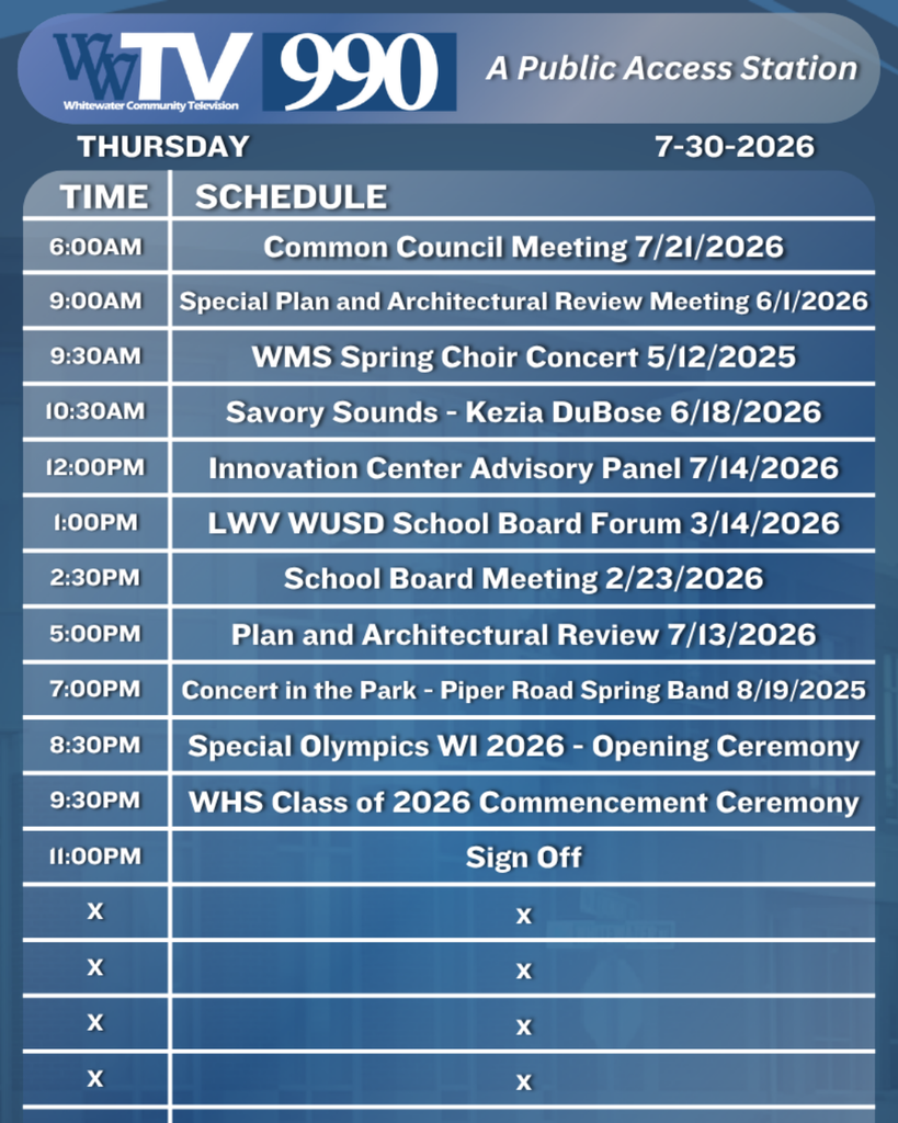 Local Channel 990 Schedule for the City of Whitewater
