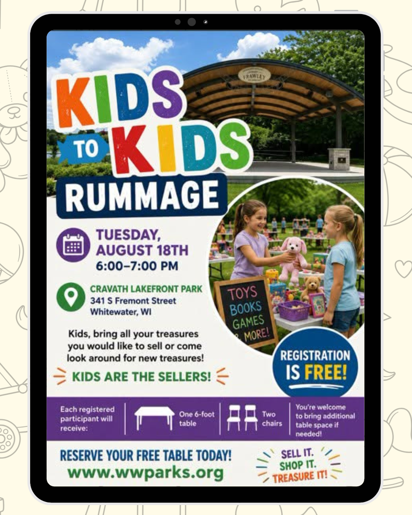 Kids of Kids Rummage on August 18th at 6pm in Cravath Lakefront Park!