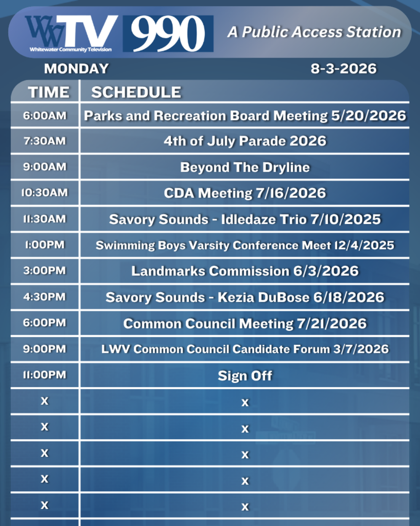 Local Channel 990 Schedule for the City of Whitewater