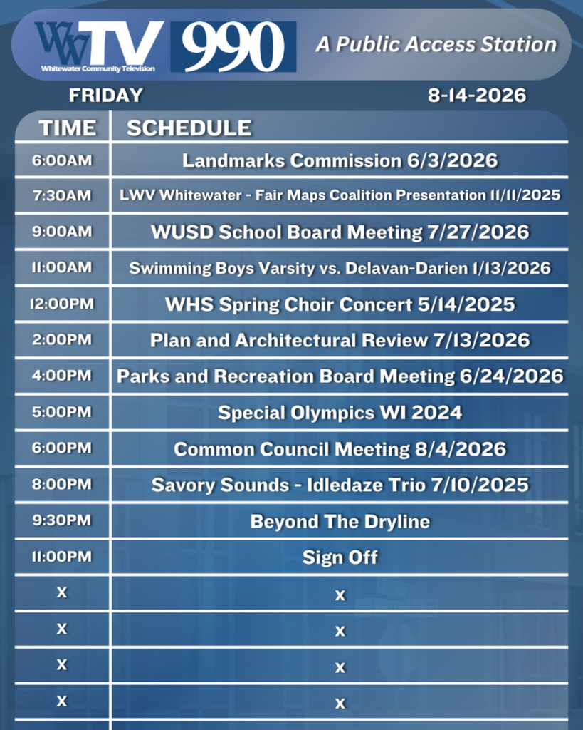 Local Channel 990 Schedule for the City of Whitewater