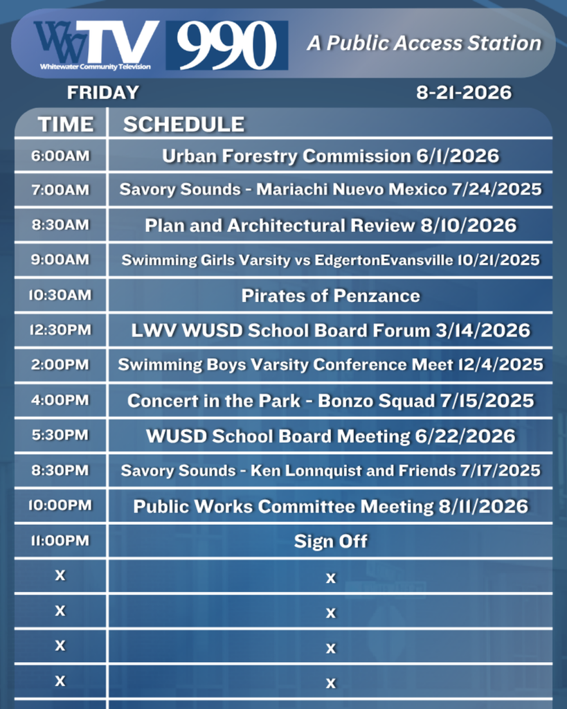 Local Channel 990 Schedule for the City of Whitewater