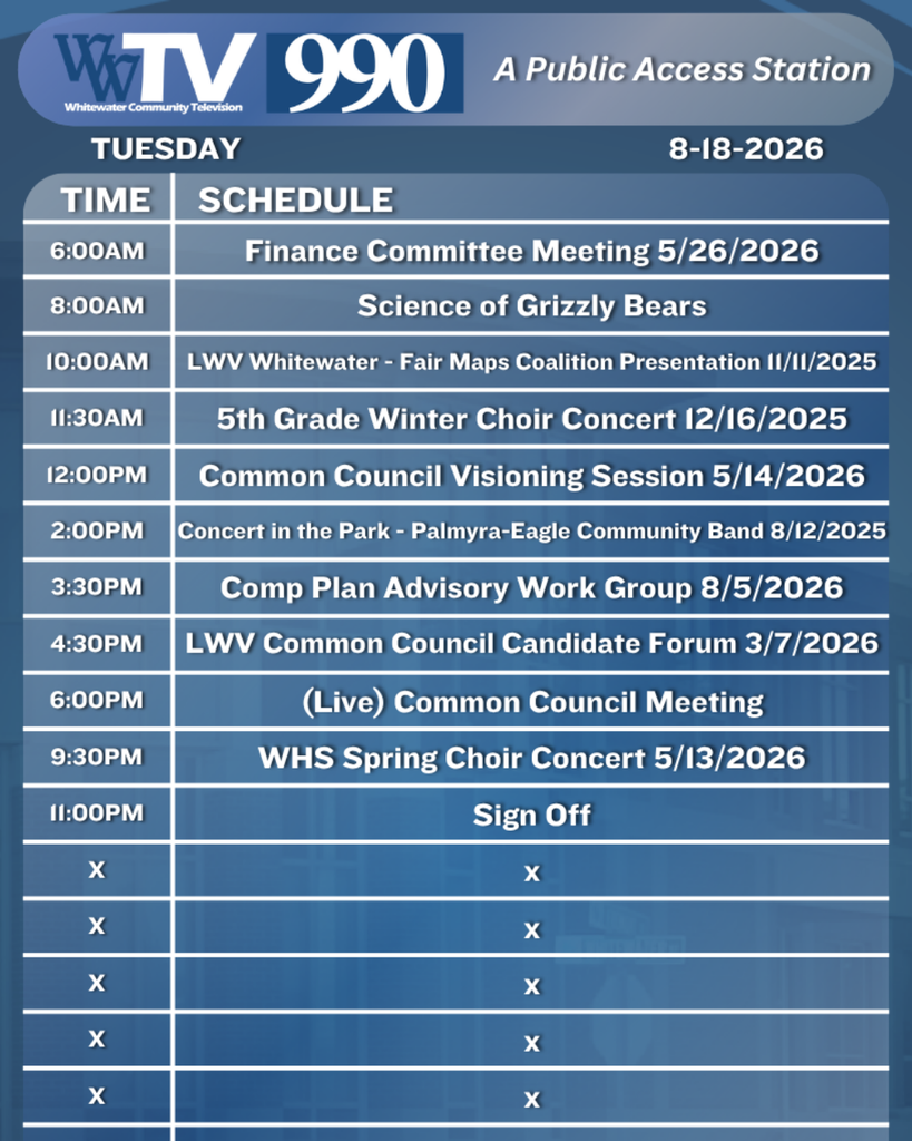 Local Channel 990 Schedule for the City of Whitewater