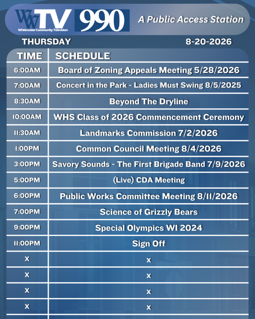 Local Channel 990 Schedule for the City of Whitewater