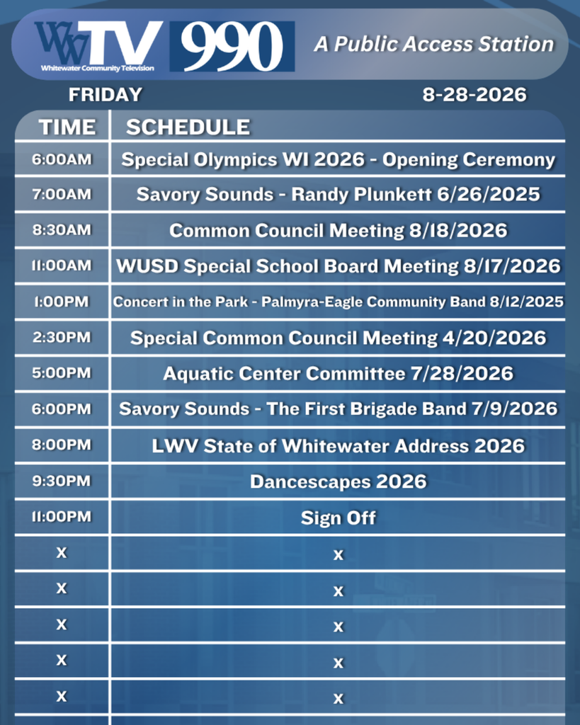Local Channel 990 Schedule for the City of Whitewater