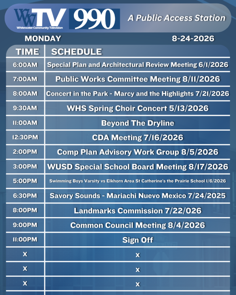 Local Channel 990 Schedule for the City of Whitewater